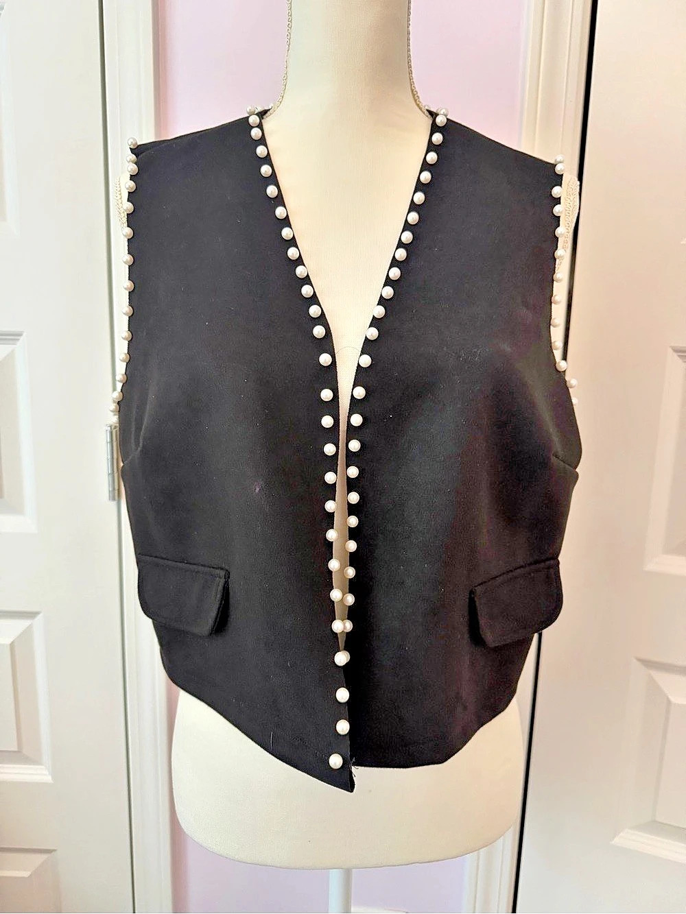 Black Pearl-Trim Vest Suede